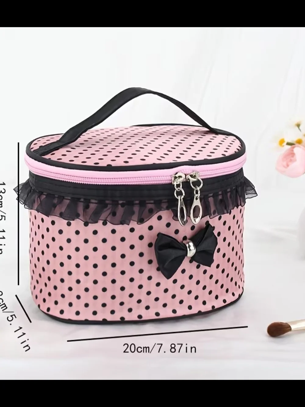 Pink Polka Dot Cosmetic Train Case with Black Trim and Bow